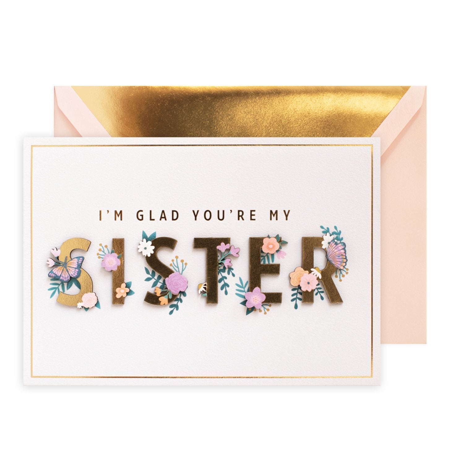 Hallmark Signature Greeting Card - Celebrate You (For Sister) featuring embossed floral elements and a gold foil-lined envelope.
