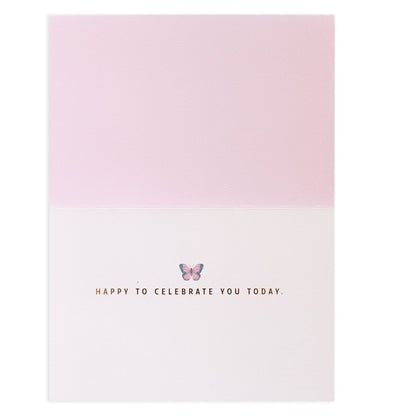 Hallmark Signature Greeting Card - Celebrate You (For Sister) featuring a pastel pink and white design with a butterfly illustration and gold text.