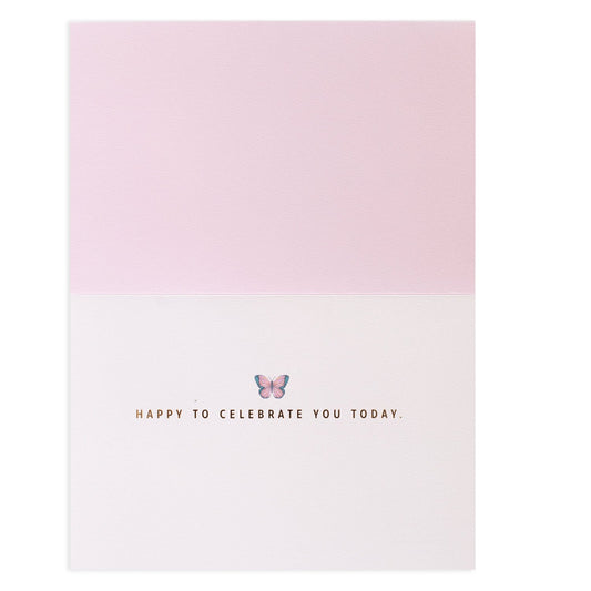 Hallmark Signature Greeting Card - Celebrate You (For Sister) featuring a pastel pink and white design with a butterfly illustration and gold text.
