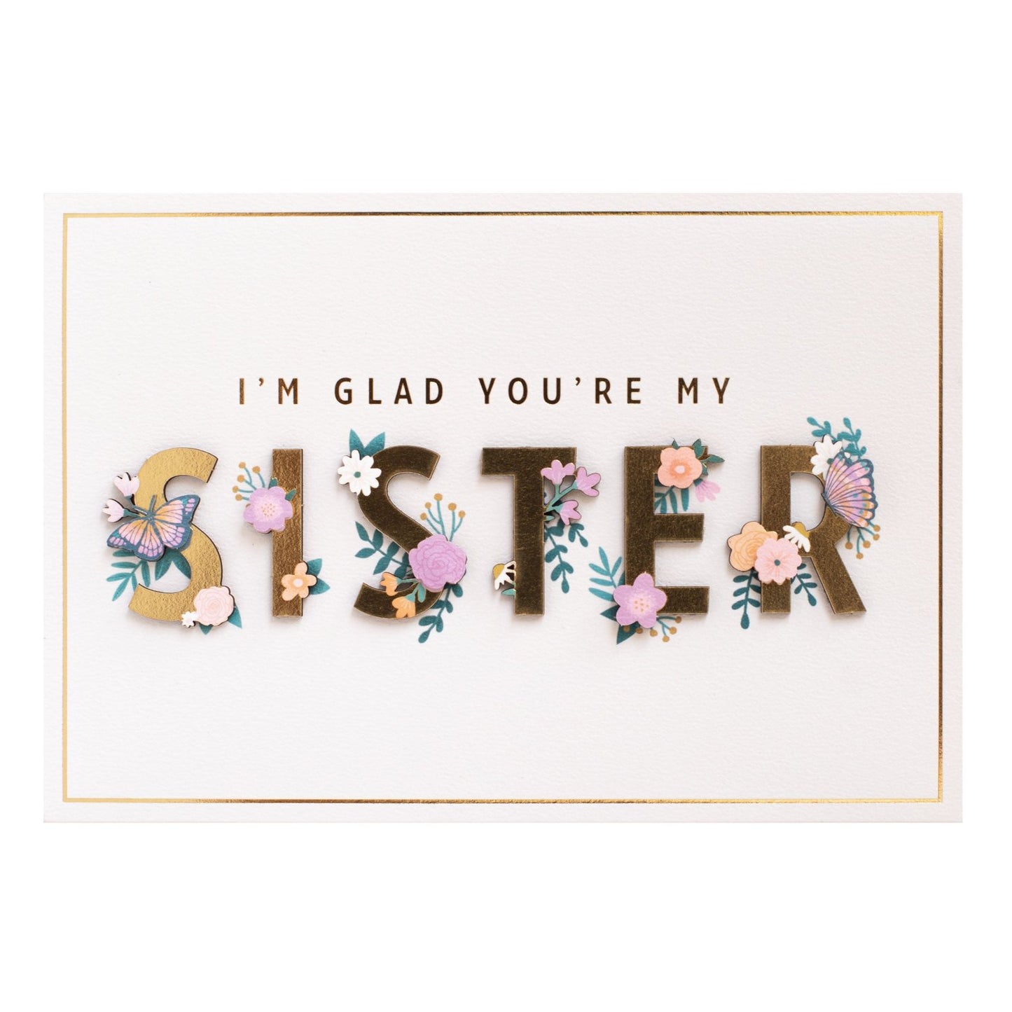 Hallmark Signature Greeting Card - Celebrate You (For Sister) featuring gold foil text, embossed flowers, and butterfly designs.