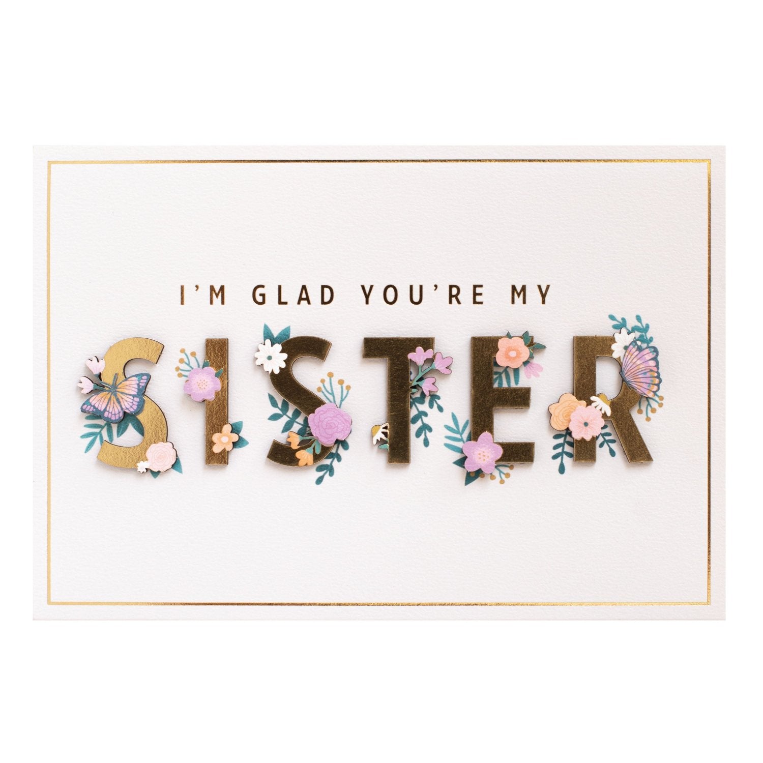 Hallmark Signature Greeting Card - Celebrate You (For Sister) featuring gold foil text, embossed flowers, and butterfly designs.
