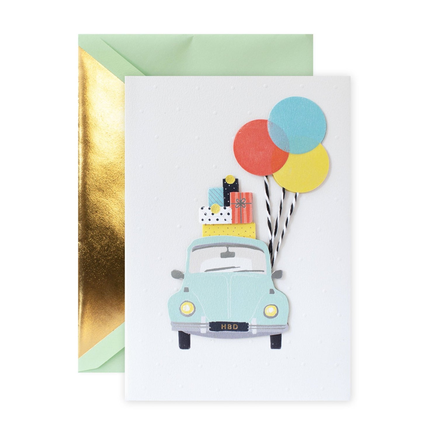 Hallmark Signature Birthday Card - Great Journeys featuring an illustration of a blue car with balloons and gifts, flat lay view.
