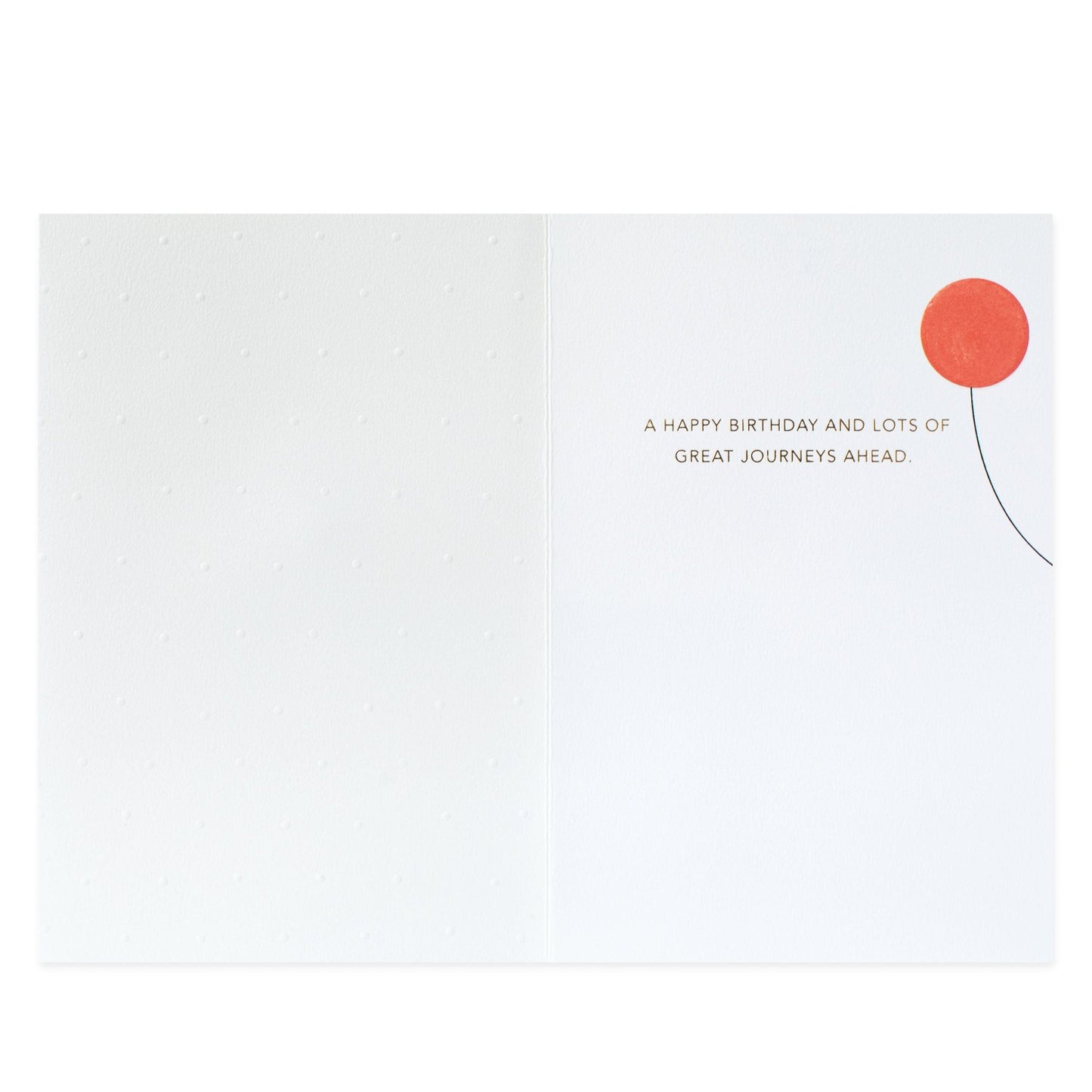 Hallmark Signature Birthday Card - Great Journeys interior view featuring embossed design, message, and a red balloon illustration.