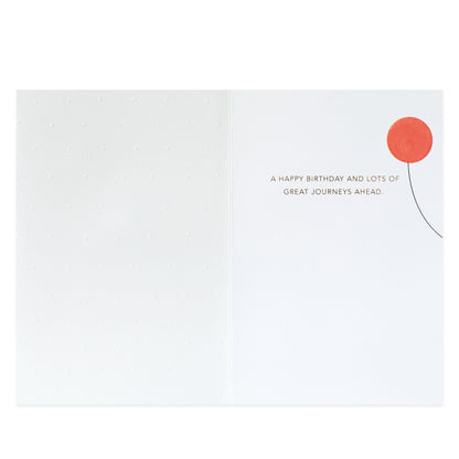 Hallmark Signature Birthday Card - Great Journeys interior view featuring embossed design, message, and a red balloon illustration.