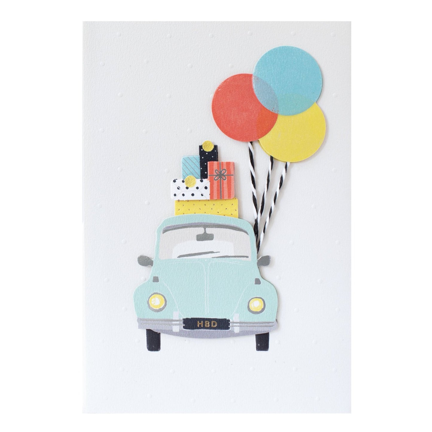 Hallmark Signature Birthday Card - Great Journeys featuring an illustration of a blue car with balloons and gifts on the roof, embossed details.