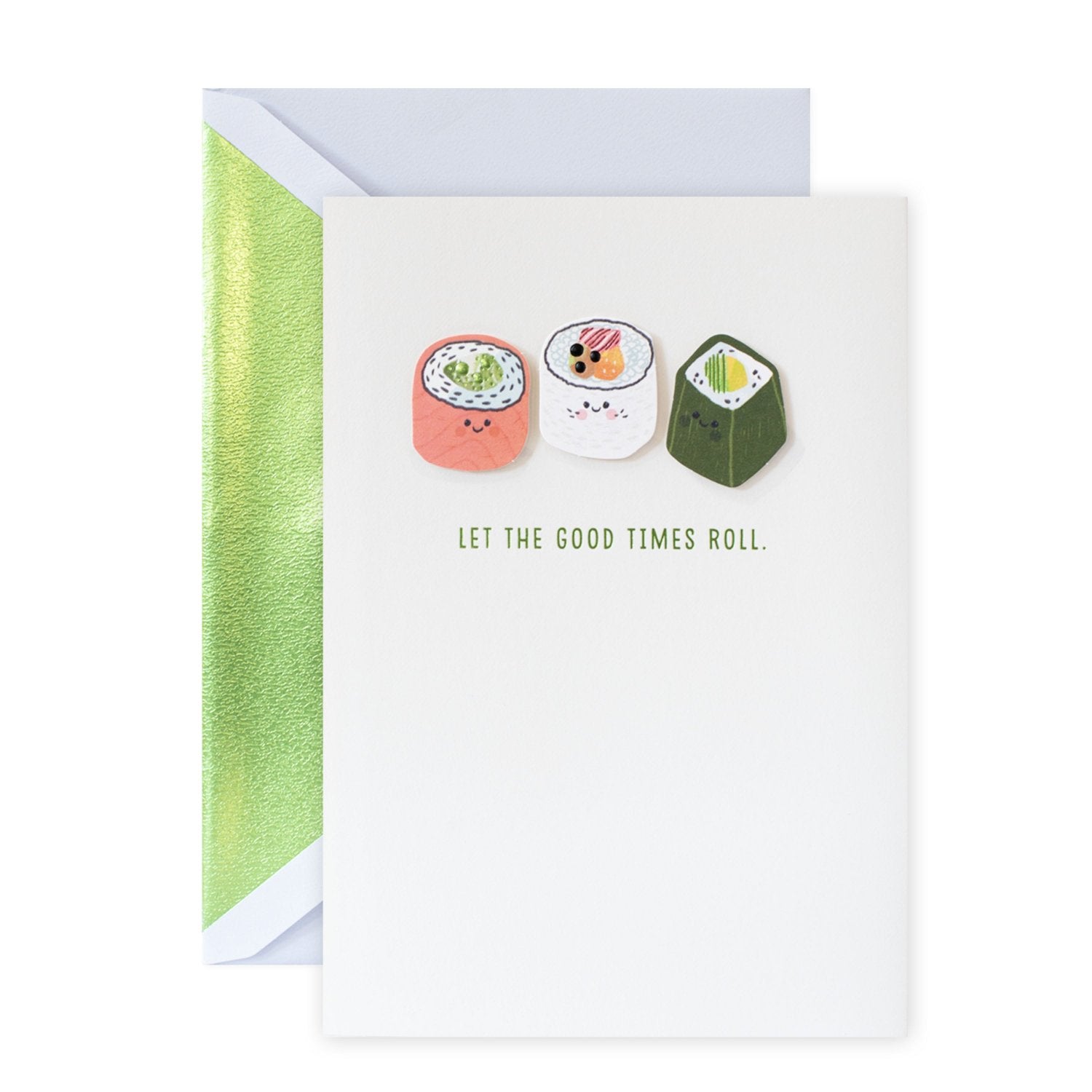 Hallmark Signature Birthday Card - Sushi Rolls featuring sushi illustrations, foil highlights, and a cheerful message with vibrant colours.