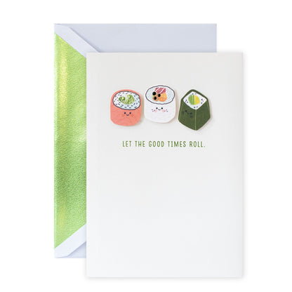 Hallmark Signature Birthday Card - Sushi Rolls featuring sushi illustrations, foil highlights, and a cheerful message with vibrant colours.