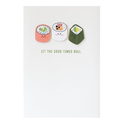 Hallmark Signature Birthday Card - Sushi Rolls featuring 3D decorated sushi roll illustrations and the message, 'let the good times roll.'