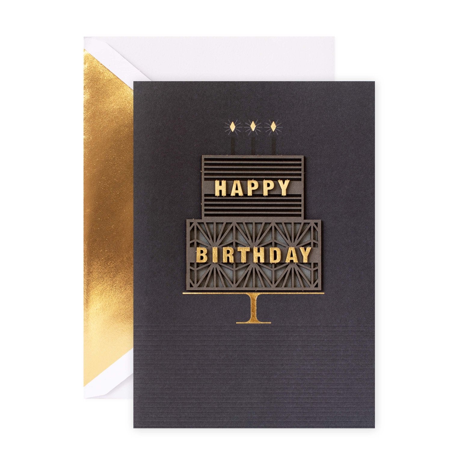 Hallmark Signature Birthday Card - Takes The Cake featuring a gold and black embossed cake design and a white envelope with gold lining.