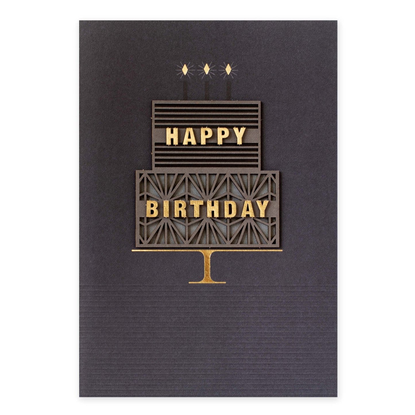 Hallmark Signature Birthday Card - Takes The Cake with layered 3D cake design and gold accents on dark background.