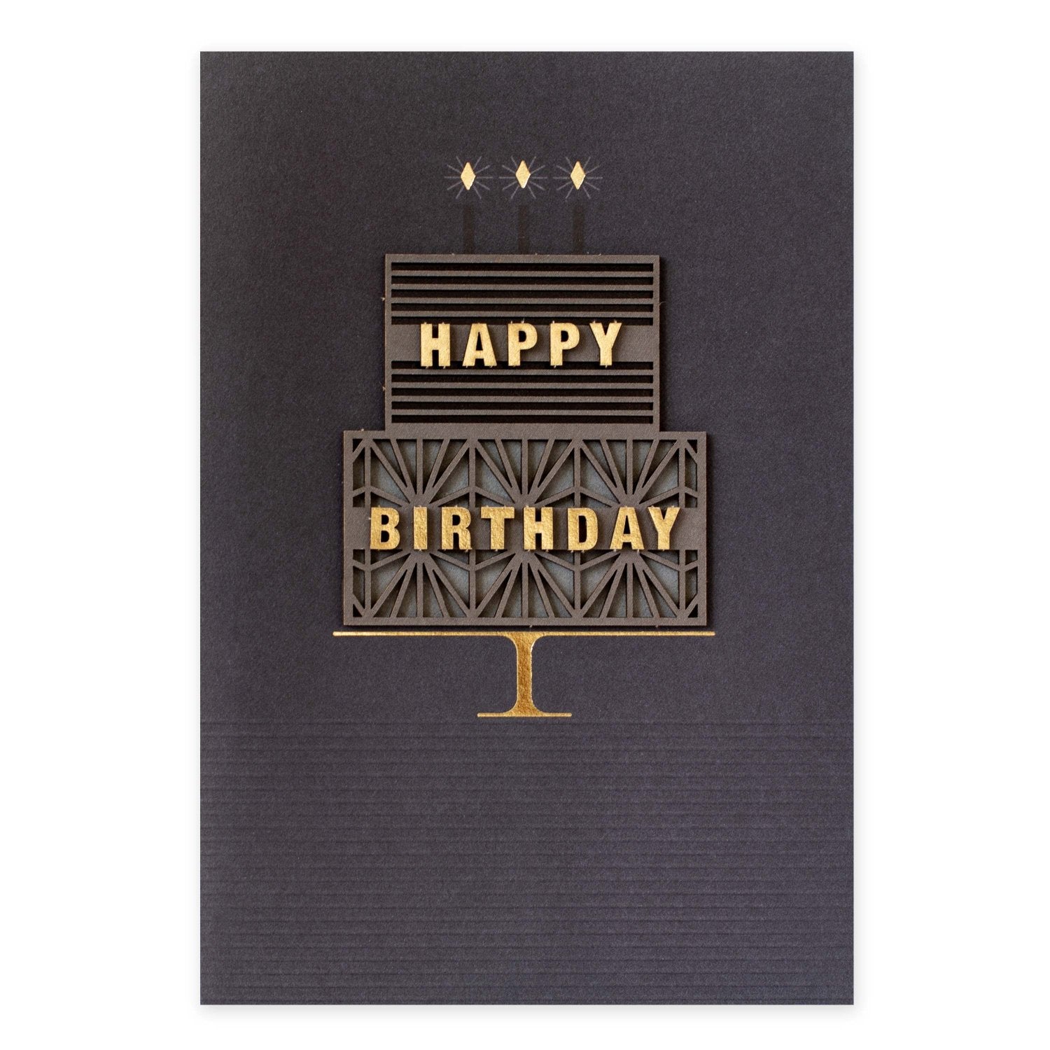 Hallmark Signature Birthday Card - Takes The Cake with layered 3D cake design and gold accents on dark background.