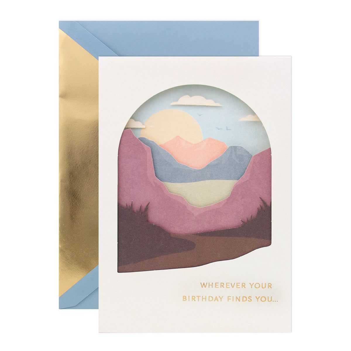 Hallmark Signature Birthday Card - Mountains of Happiness featuring intricate laser cut mountain design with gold foil accents and blue envelope.