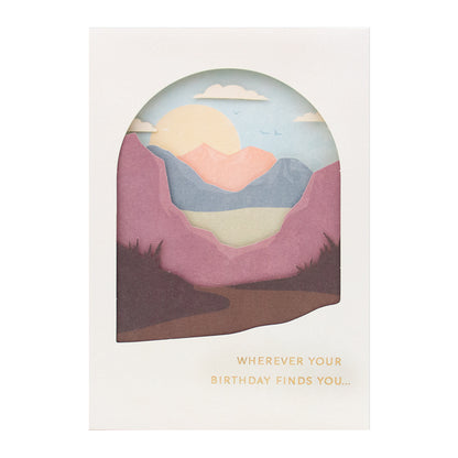 Hallmark Signature Birthday Card - Mountains of Happiness featuring laser cut mountain landscape and gold foil message.