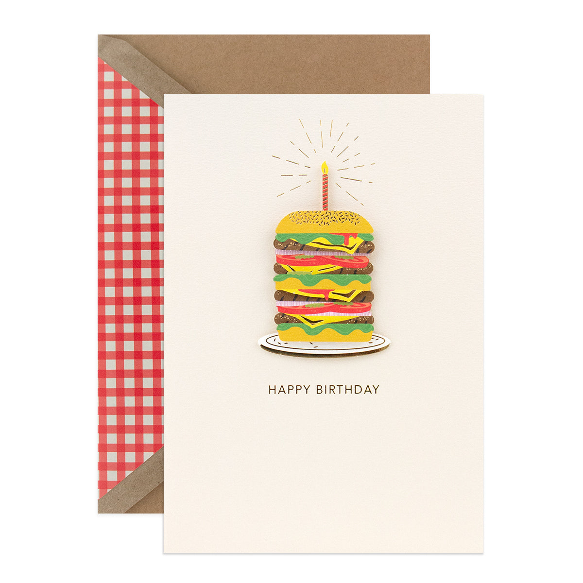 Hallmark Signature Birthday Card - Piled High Burger with 3D burger illustration, gold foil highlights and gingham print lining.