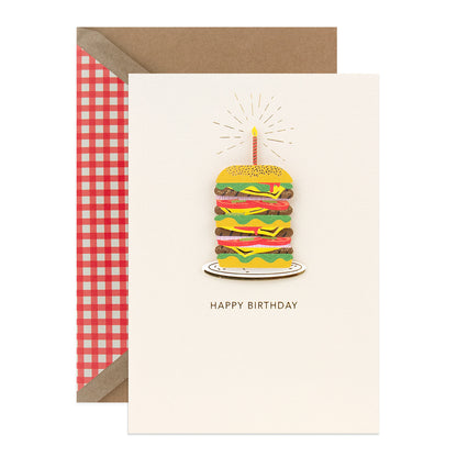 Hallmark Signature Birthday Card - Piled High Burger with 3D burger illustration, gold foil highlights and gingham print lining.
