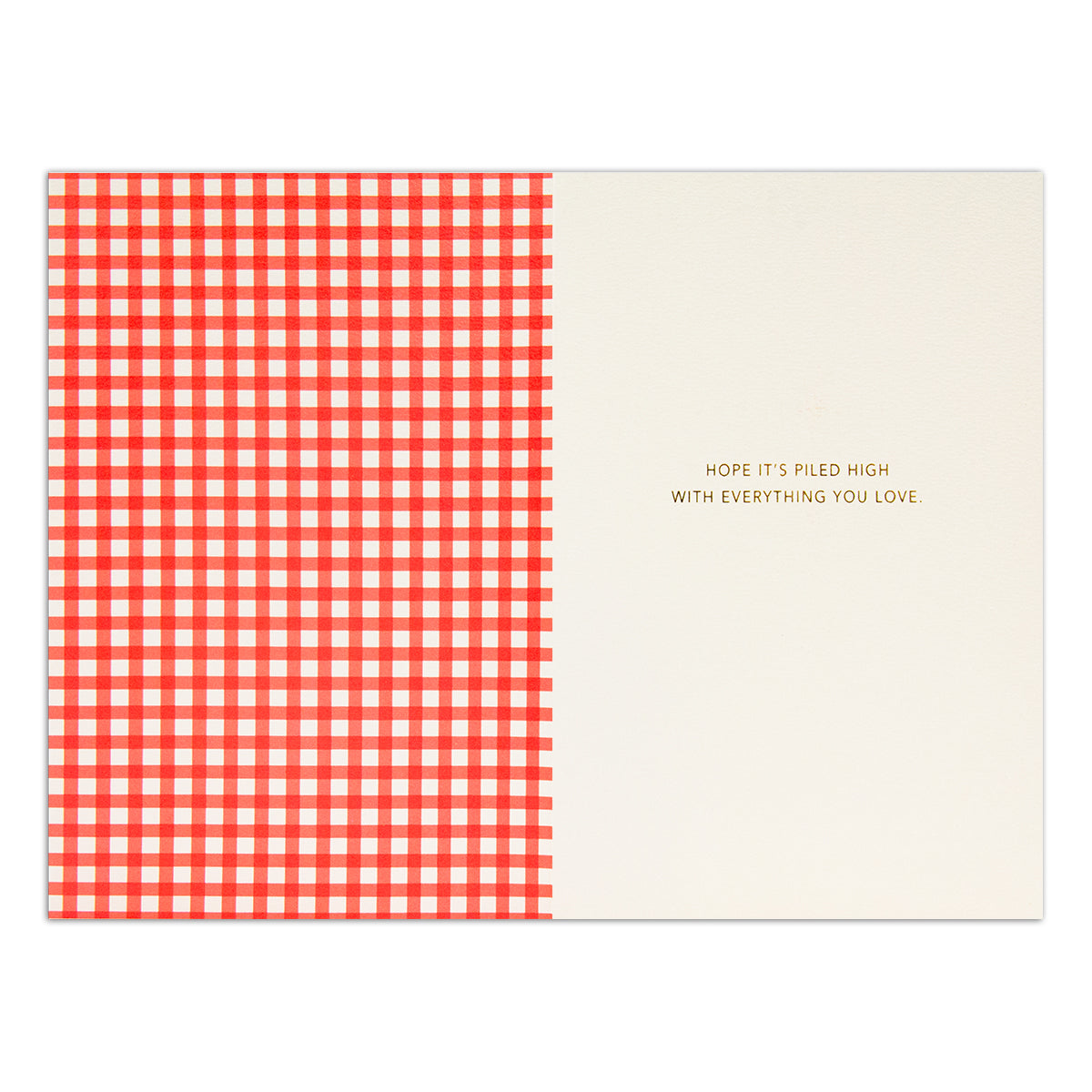Hallmark Signature Birthday Card - Piled High Burger inside design with red and white gingham print and gold foil text detail.
