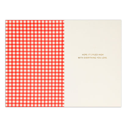 Hallmark Signature Birthday Card - Piled High Burger inside design with red and white gingham print and gold foil text detail.