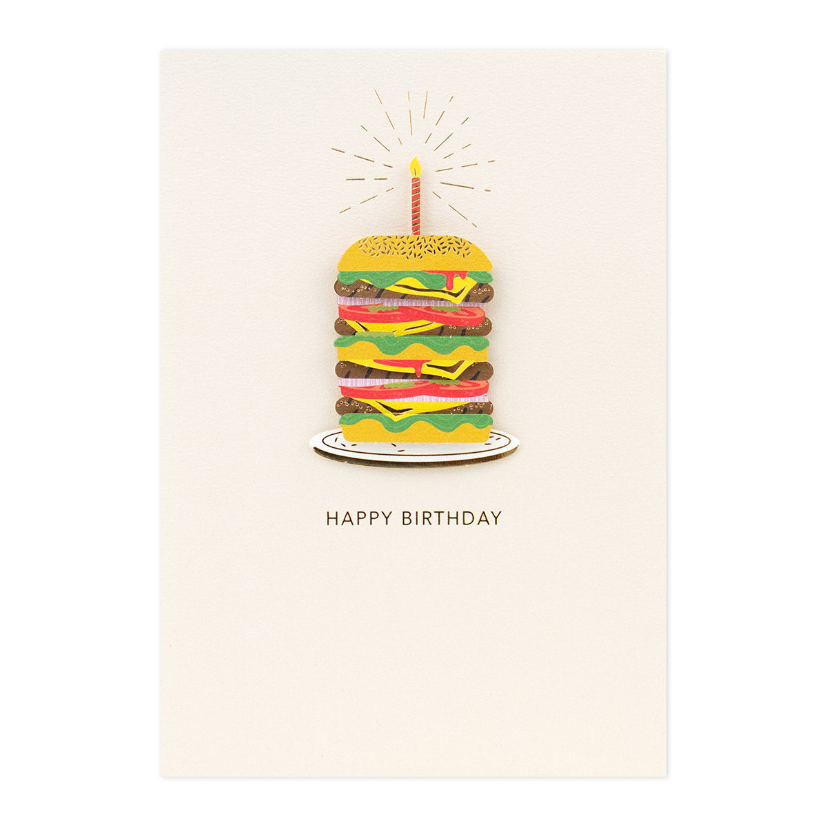 Hallmark Signature Birthday Card - Piled High Burger with 3D burger illustration and birthday candle on front, featuring gold foil details.