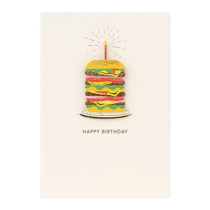 Hallmark Signature Birthday Card - Piled High Burger with 3D burger illustration and birthday candle on front, featuring gold foil details.