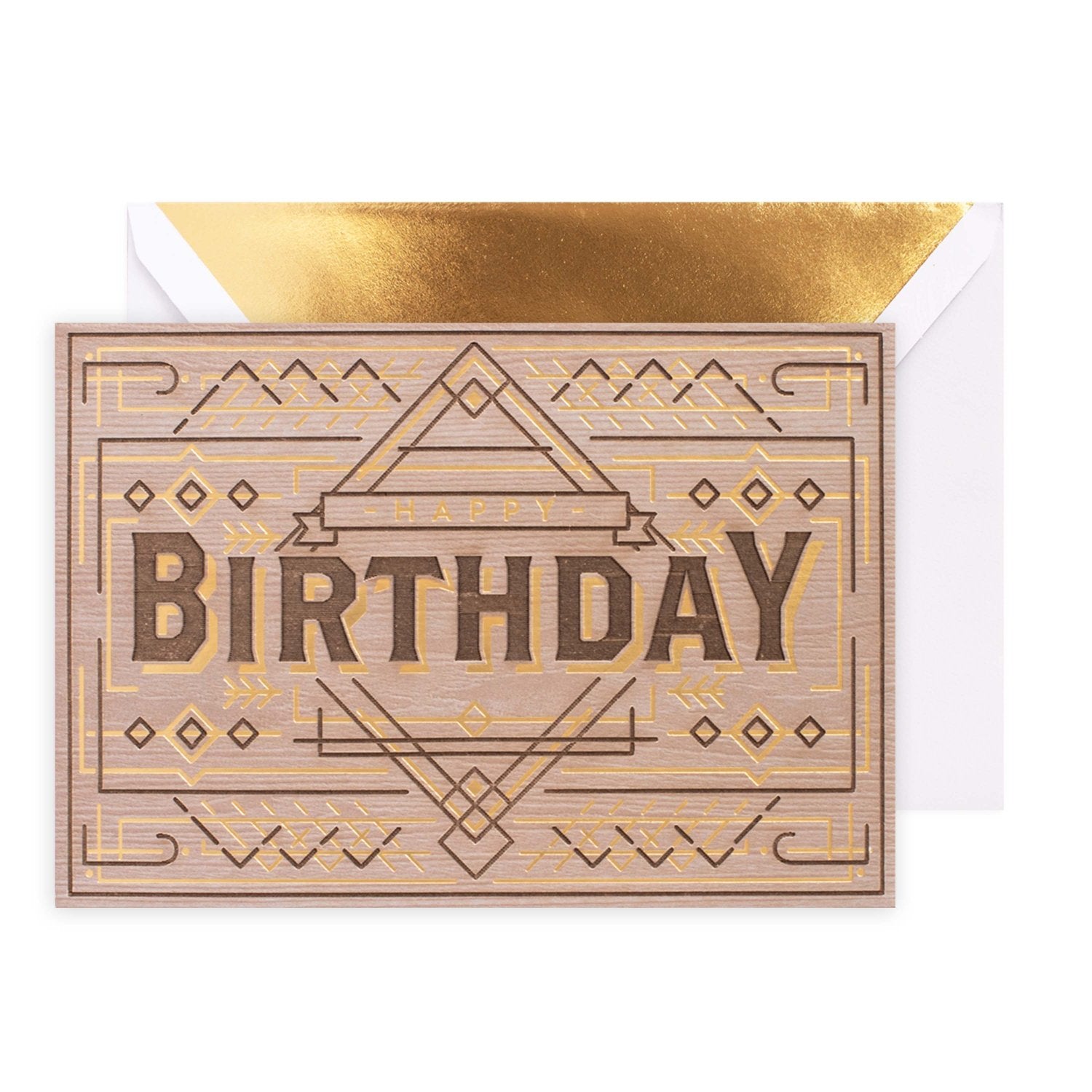 Hallmark Signature Birthday Card - Woodsy Wonder featuring a rustic wood design and gold foil detailing with a matching envelope.