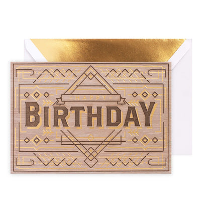 Hallmark Signature Birthday Card - Woodsy Wonder featuring a rustic wood design and gold foil detailing with a matching envelope.