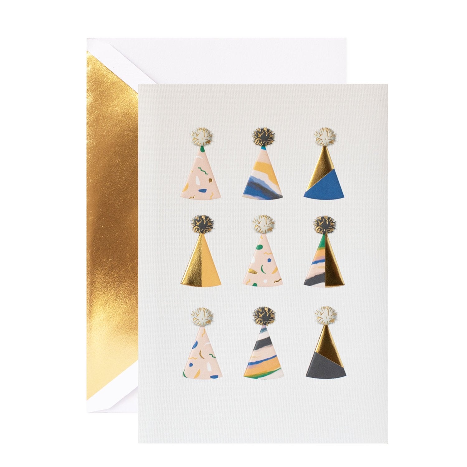 Hallmark Signature Birthday Card - Party Hats featuring colourful patterned hats and gold foil highlights, flat lay view.