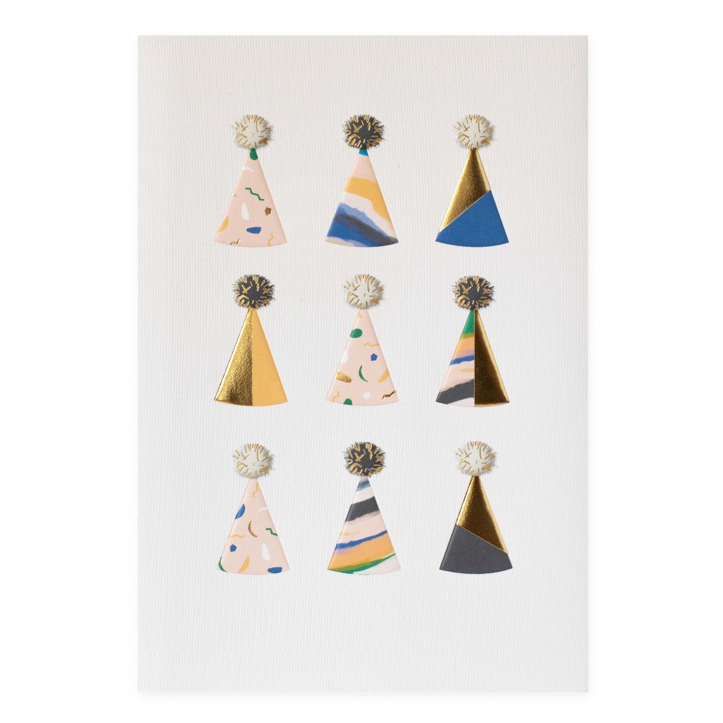 Hallmark Signature Birthday Card - Party Hats features nine colourful patterned party hats with gold foil accents and pom poms.