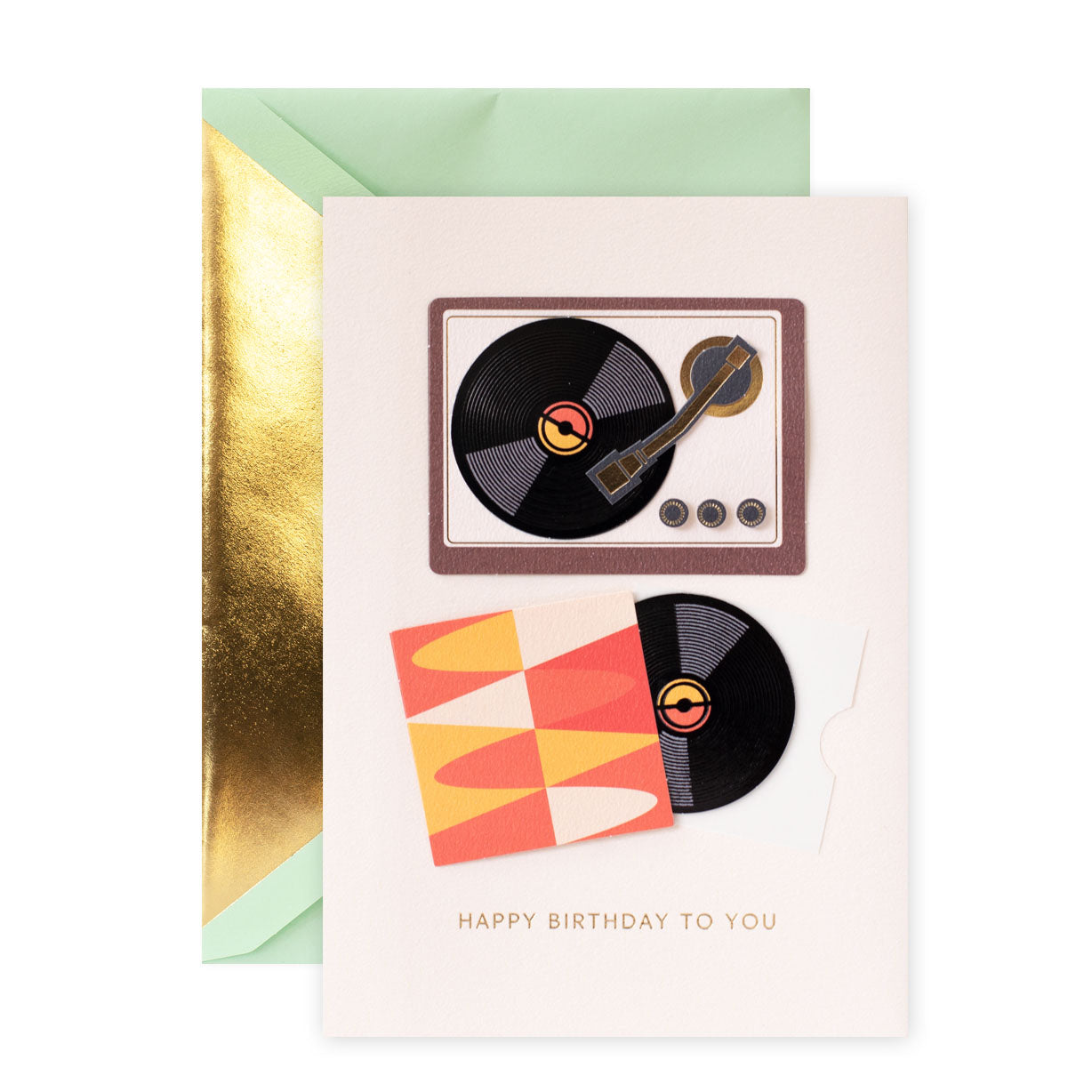 Hallmark Signature Birthday Card - For The Record featuring vinyl records, gold foil highlights, and a pastel envelope.