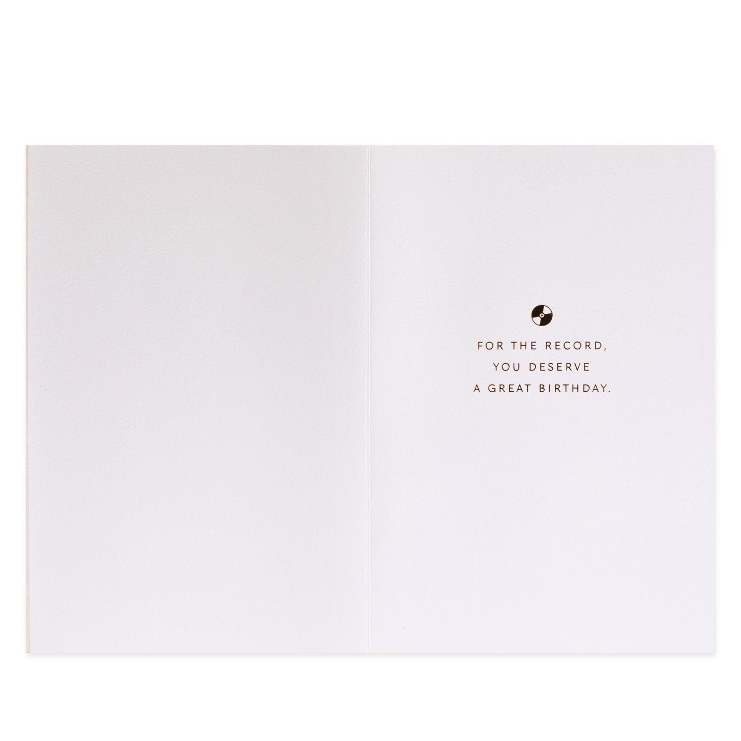 Hallmark Signature Birthday Card - For The Record, inside view, minimalistic design with gold foil text and white background, elegant message.
