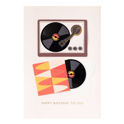 Hallmark Signature Birthday Card - For The Record featuring 3D vinyl record design, turntable illustration, and gold foil text.