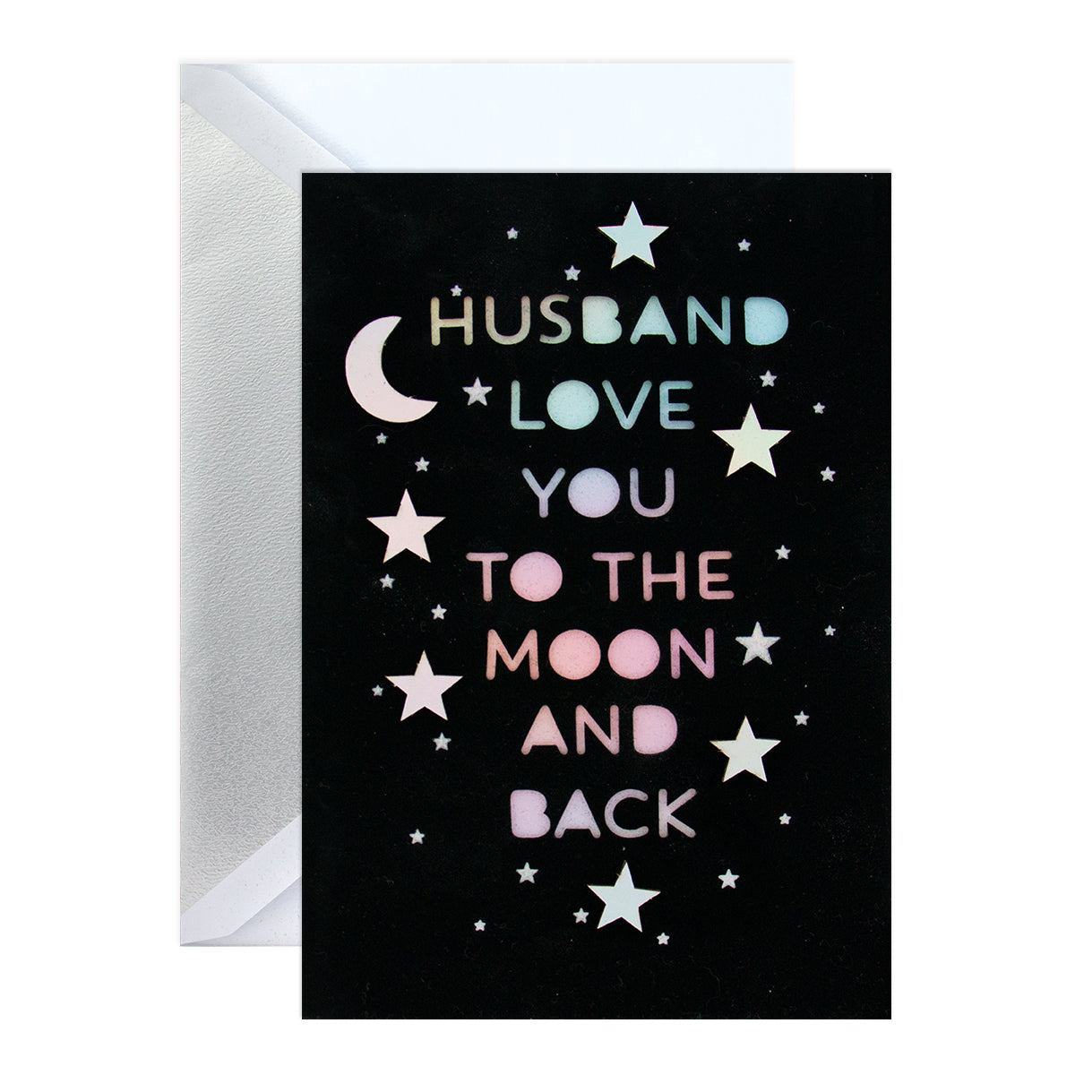 Hallmark Signature Greeting Card - Moon & Back (For Husband) featuring black velvet background and holographic moon and stars design.