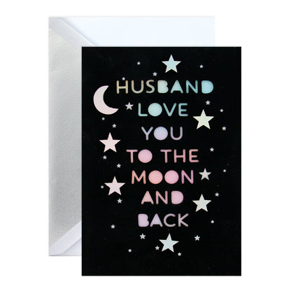 Hallmark Signature Greeting Card - Moon & Back (For Husband) featuring black velvet background and holographic moon and stars design.