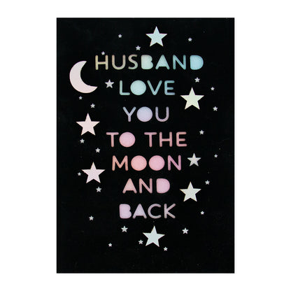 Hallmark Signature Greeting Card - Moon & Back (For Husband) featuring black velvet background, holographic stars and moon design.