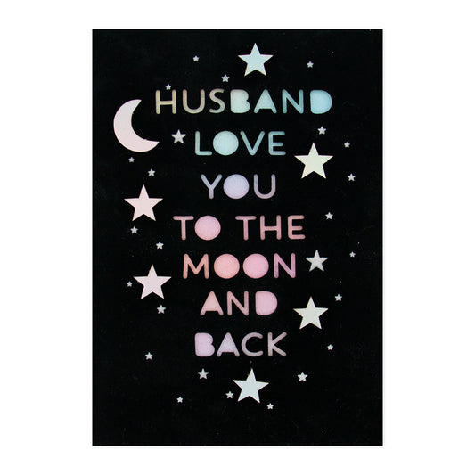 Hallmark Signature Greeting Card - Moon & Back (For Husband) featuring black velvet background, holographic stars and moon design.