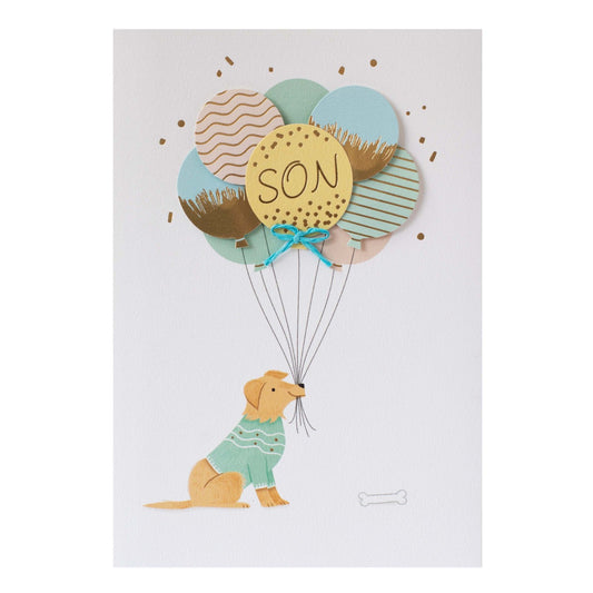 Hallmark Signature Birthday Card For Son - Dog & Balloons featuring an illustrated dog with colourful balloons and gold foil details.