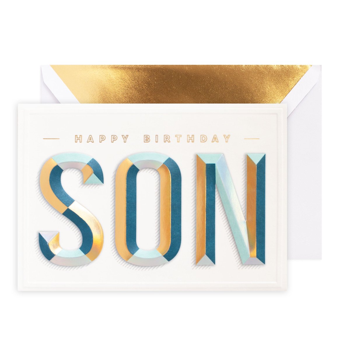 Hallmark Signature Birthday Card For Son - Awesome As You with gold and turquoise embossed lettering and a gold foiled envelope.