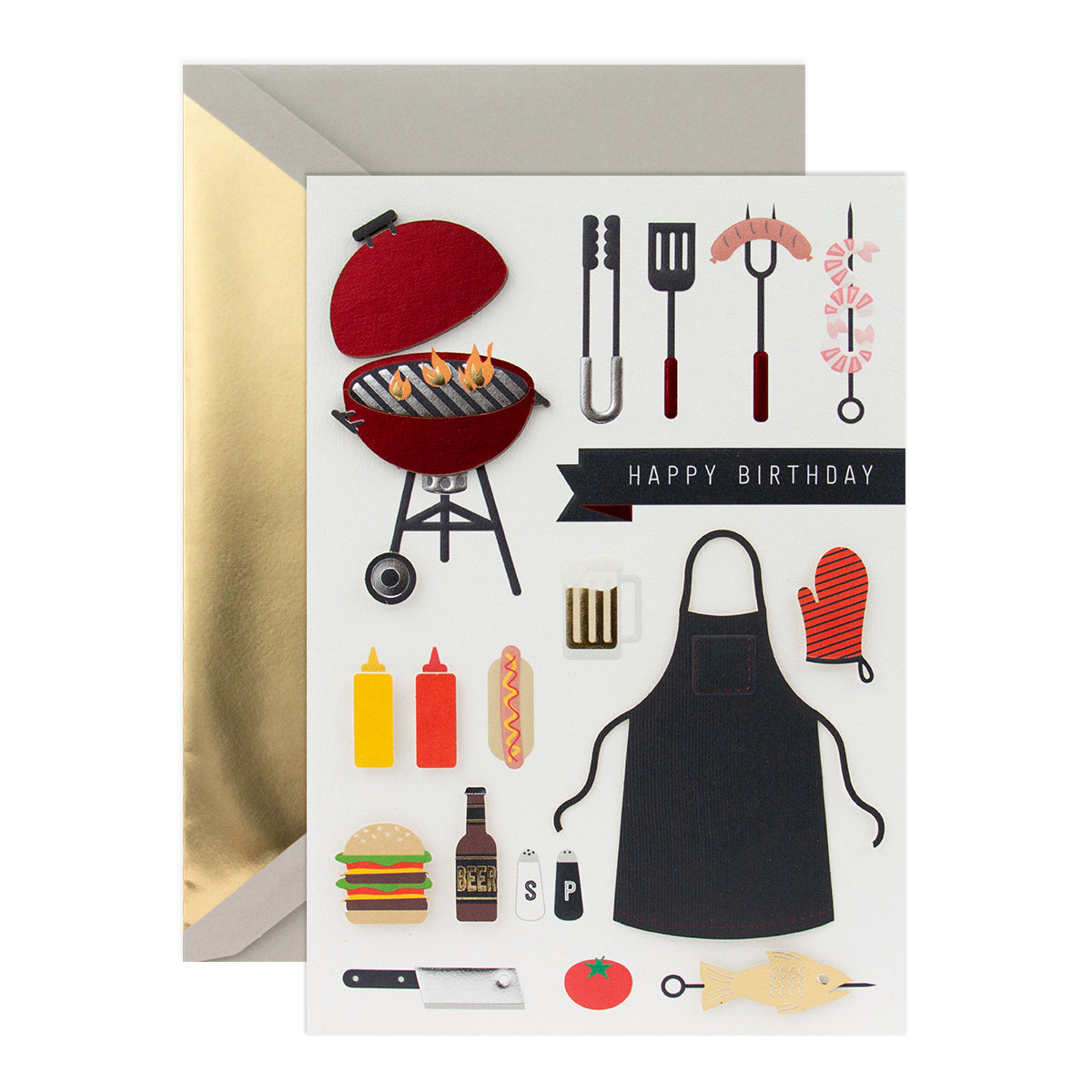 Hallmark Signature Birthday Card For Dad - Smoke The Competition featuring barbecue illustrations, embossed details, and 3D attachments in a flat lay view.