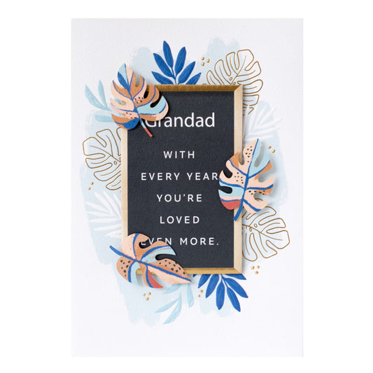 Hallmark Signature Birthday Card For Grandad - You're Loved featuring gold foil, 3D plaque, and colourful leaf illustrations in a flat lay view.