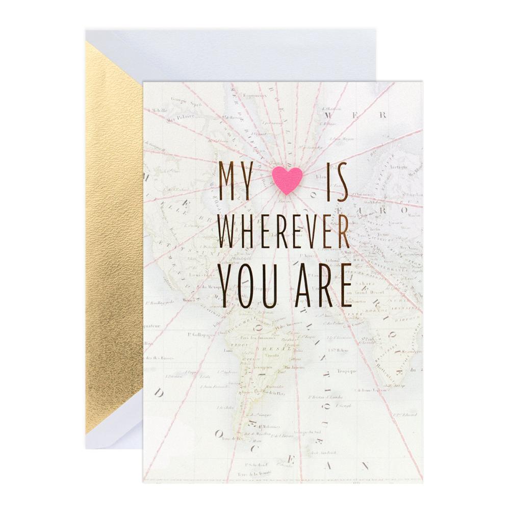 Hallmark Signature Love Card - My Heart featuring embossed map design, pink heart, and gold foil text, flat lay view.