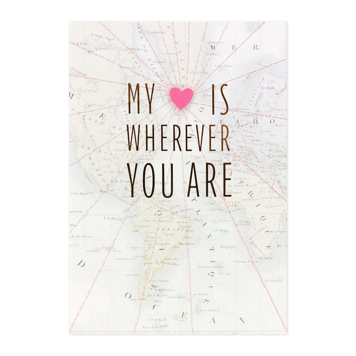 Hallmark Signature Love Card - My Heart, featuring embossed text and a map illustration, close up view of the card design.