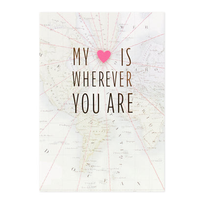 Hallmark Signature Love Card - My Heart, featuring embossed text and a map illustration, close up view of the card design.