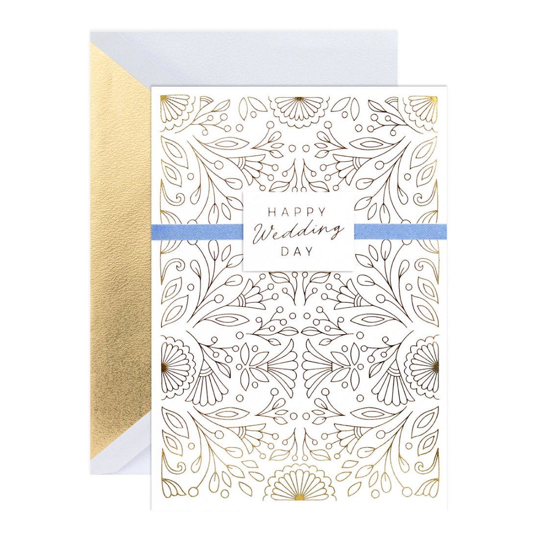 Hallmark Signature Wedding Congratulations Card - Surrounded By Love with gold foil, floral design and blue ribbon detail, flat lay angle