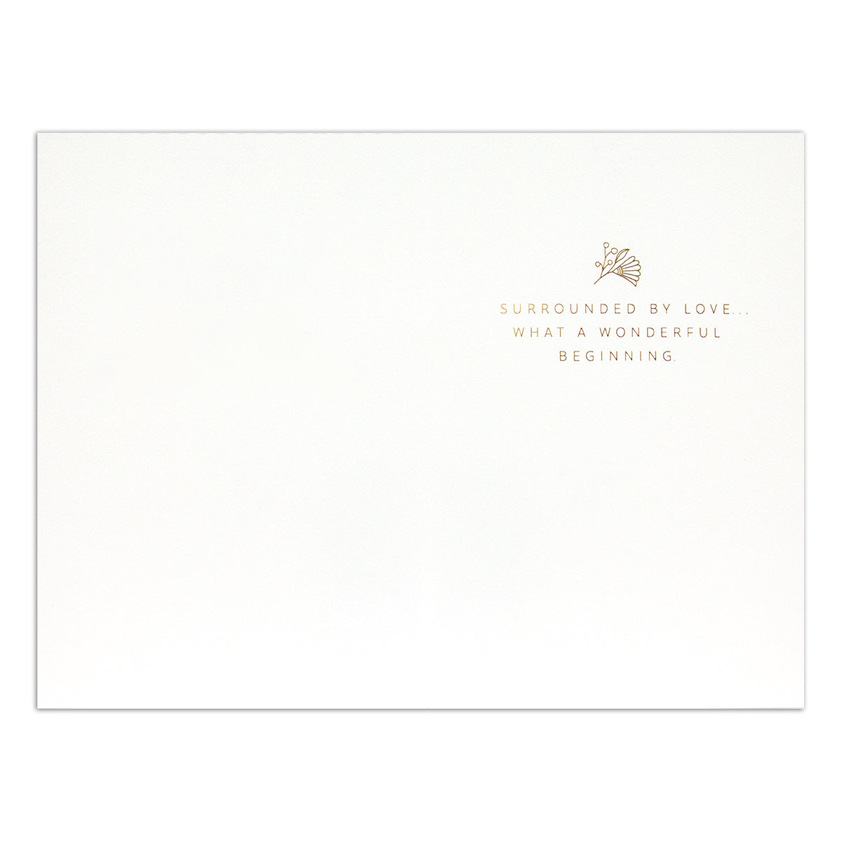Hallmark Signature Wedding Congratulations Card - Surrounded By Love, inside view with gold foil text, floral design, minimalist layout.