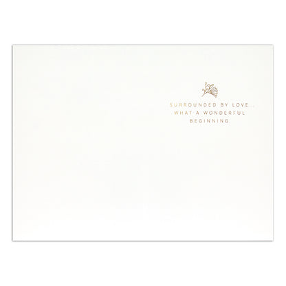 Hallmark Signature Wedding Congratulations Card - Surrounded By Love, inside view with gold foil text, floral design, minimalist layout.