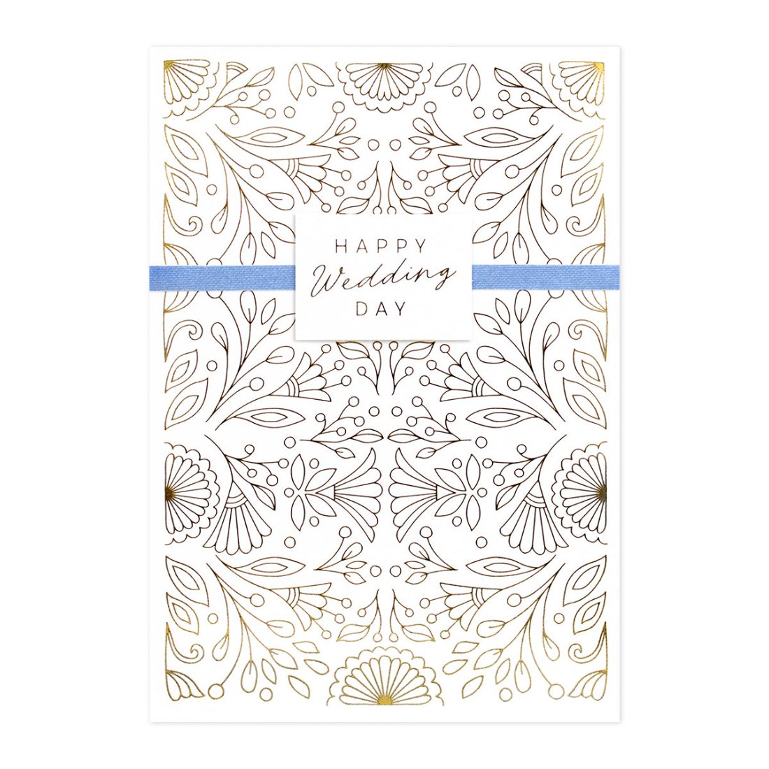 Hallmark Signature Wedding Congratulations Card - Surrounded By Love, featuring gold foil floral design and blue ribbon, flat lay view.