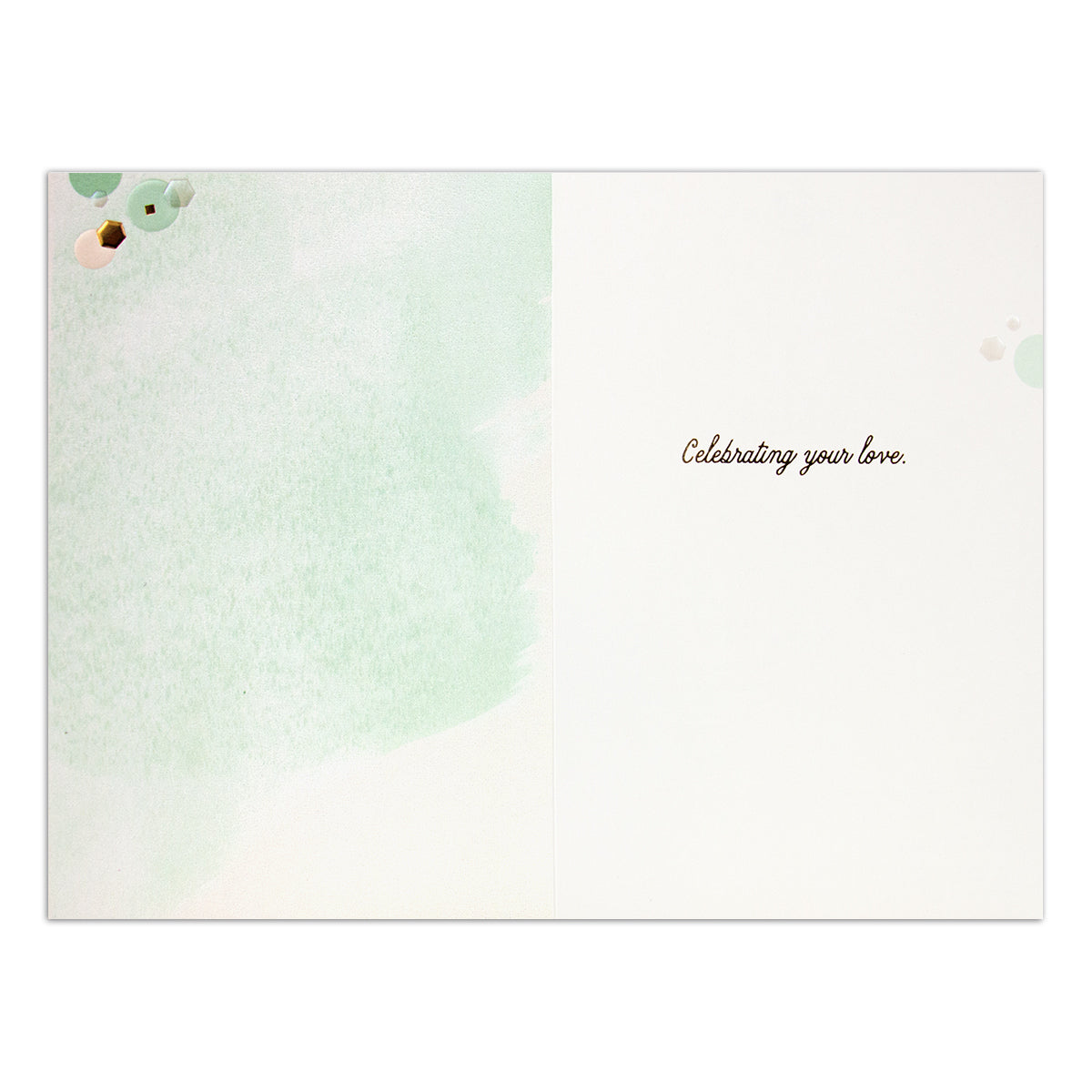 Hallmark Signature Love Celebration Card - Confetti inside view featuring soft green watercolour design and elegant embossed message.