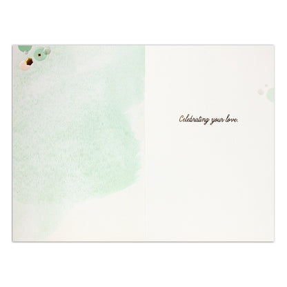 Hallmark Signature Love Celebration Card - Confetti inside view featuring soft green watercolour design and elegant embossed message.