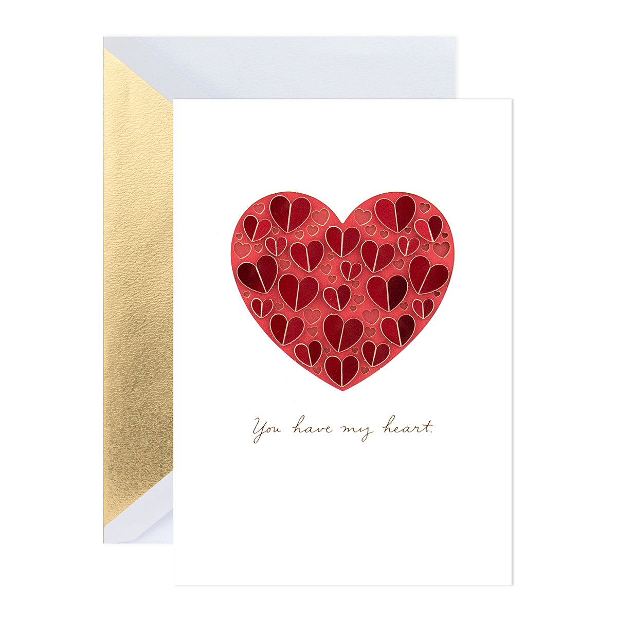Hallmark Signature Love Card - Always Have, Always Will with a red heart design and gold foil accents, angled view, elegant stationery.