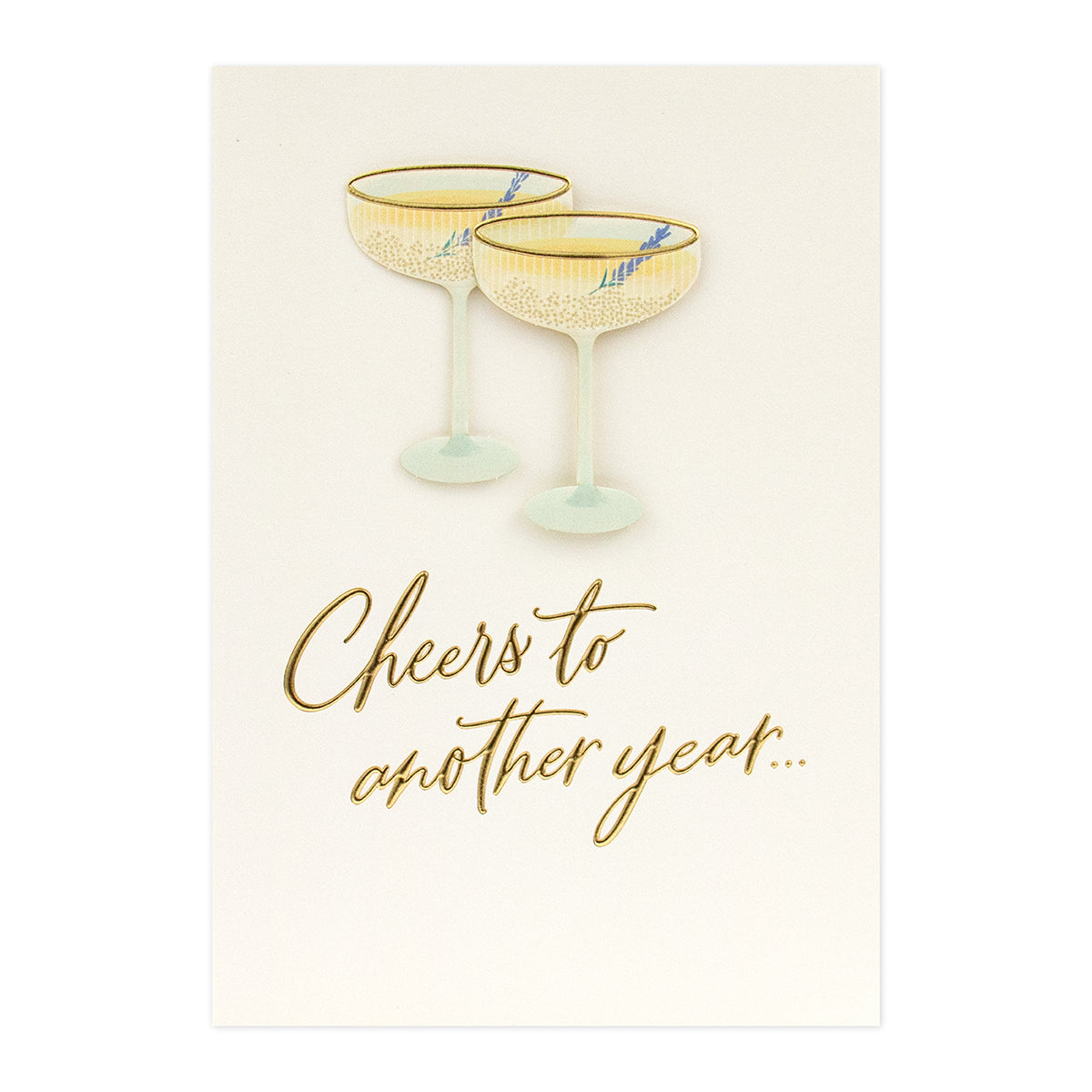 Hallmark Signature Anniversary Card - Cheers To Another Year featuring 3D cocktail glasses and gold foil lettering on its front.
