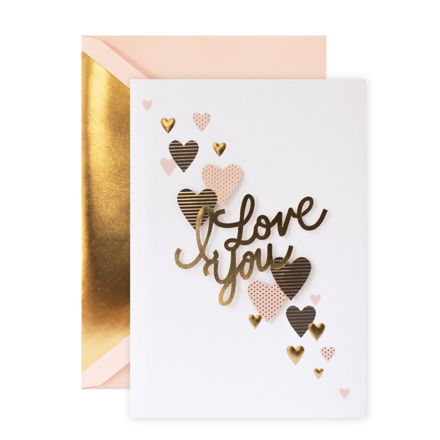 Hallmark Signature Greeting Card - Love You Lots with embossed hearts and gold foil accents, featuring a pink envelope and a sleek design.